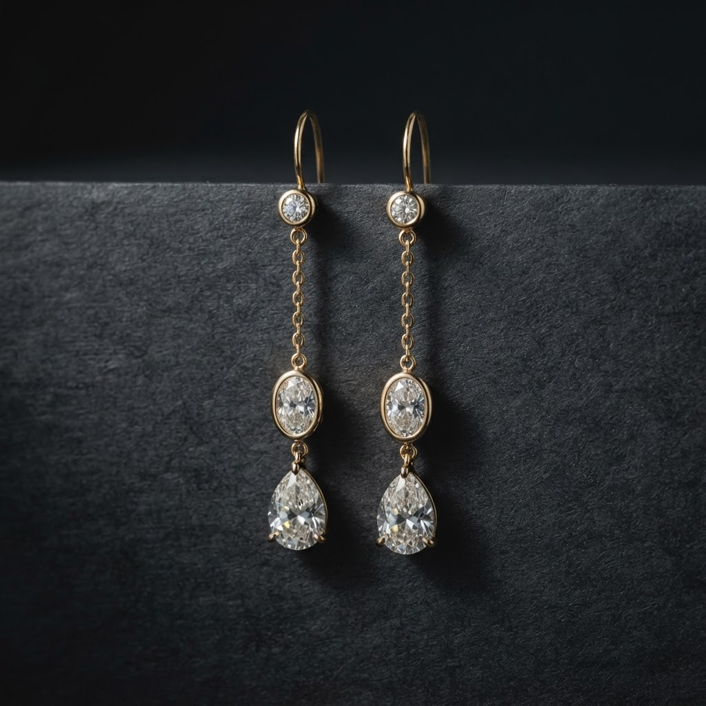 A pair of elegant diamond drop earrings in gold on a dark surface