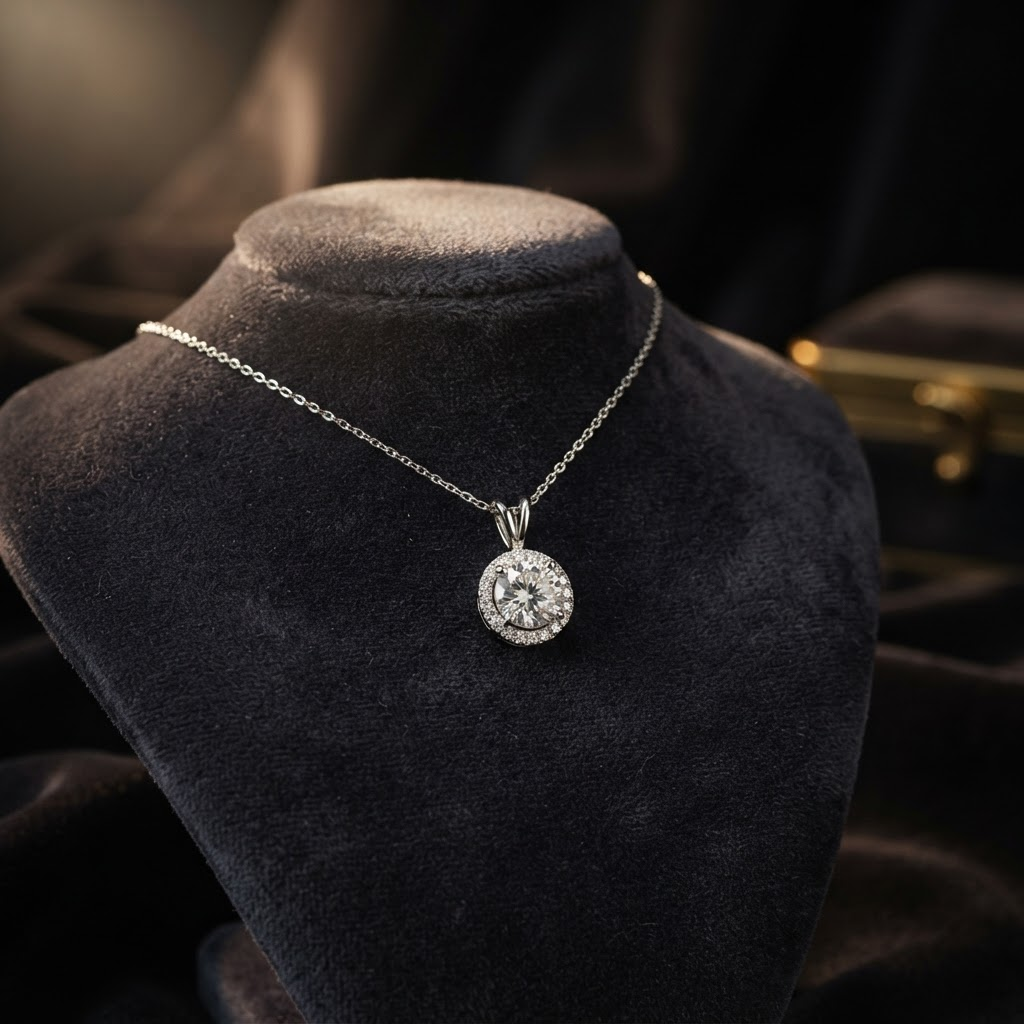 An elegant diamond pendant necklace in white gold on a dark bust