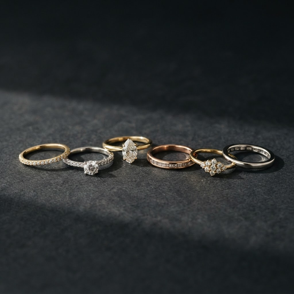 A collection of fine diamond and gold rings on a dark surface