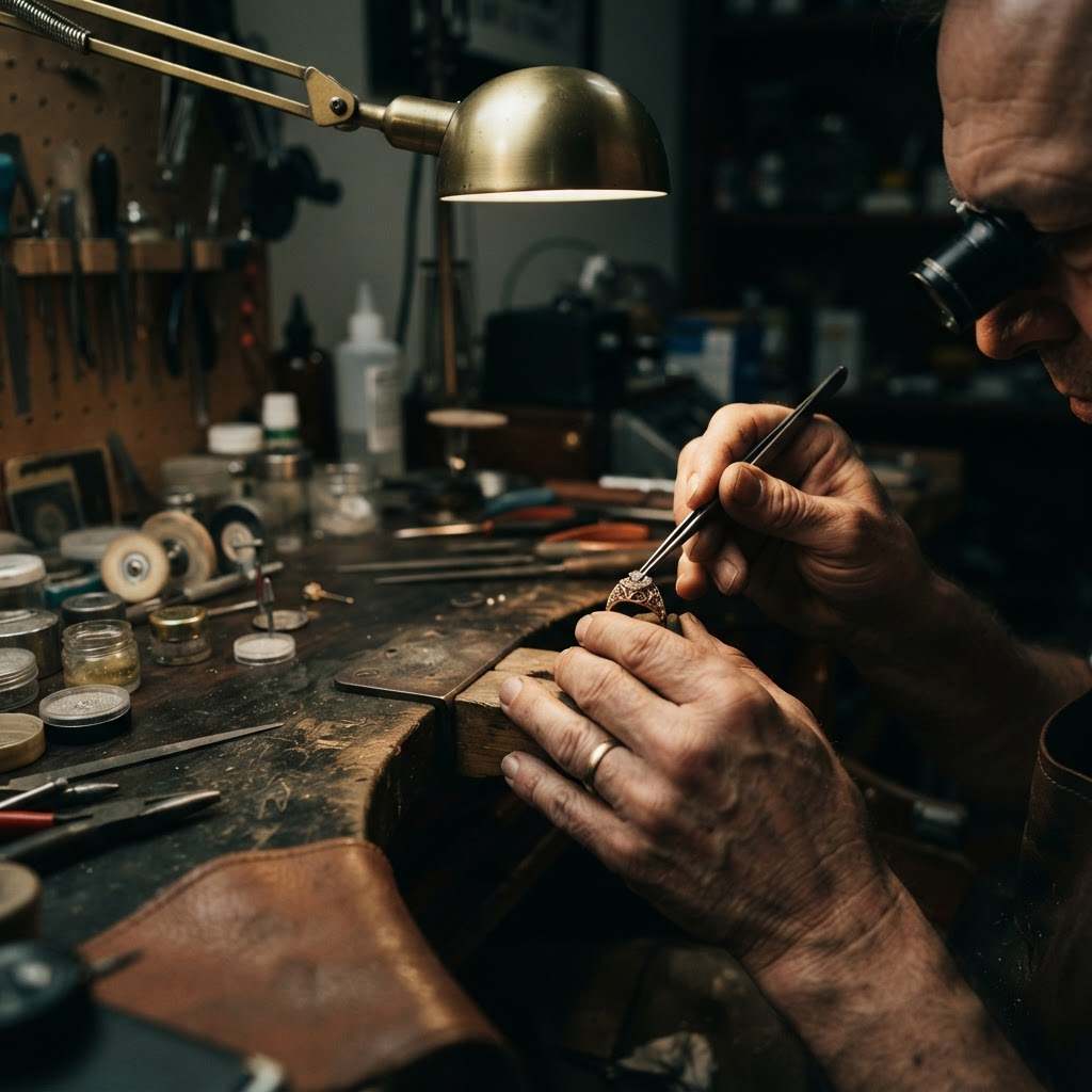 A master jeweler's hands repairing a delicate gold ring at a workbench under warm light