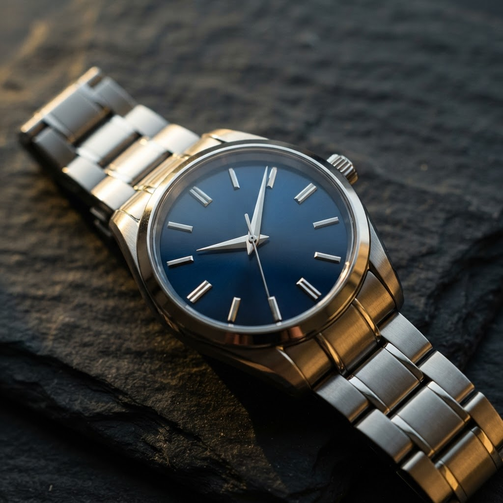 An elegant automatic Seiko wristwatch with a sunburst dial and steel bracelet
